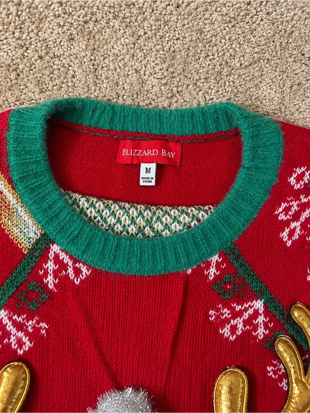 Festive Red Reindeer Holiday Sweater with Green Trim